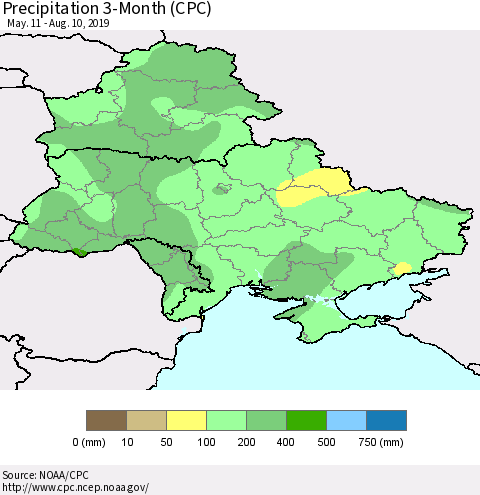 Ukraine, Moldova and Belarus Precipitation 3-Month (CPC) Thematic Map For 5/11/2019 - 8/10/2019