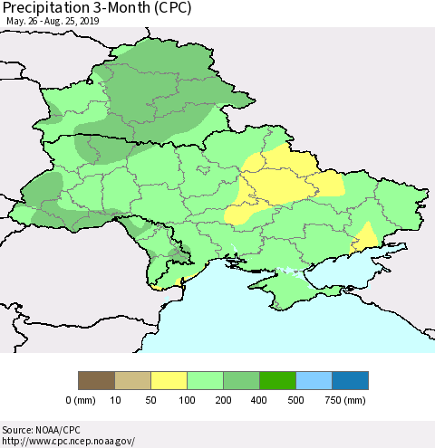 Ukraine, Moldova and Belarus Precipitation 3-Month (CPC) Thematic Map For 5/26/2019 - 8/25/2019