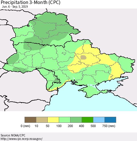 Ukraine, Moldova and Belarus Precipitation 3-Month (CPC) Thematic Map For 6/6/2019 - 9/5/2019