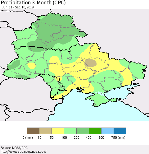 Ukraine, Moldova and Belarus Precipitation 3-Month (CPC) Thematic Map For 6/11/2019 - 9/10/2019