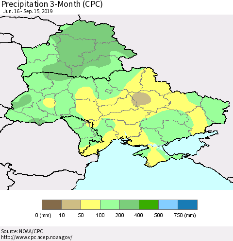 Ukraine, Moldova and Belarus Precipitation 3-Month (CPC) Thematic Map For 6/16/2019 - 9/15/2019