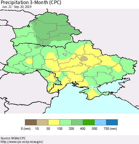 Ukraine, Moldova and Belarus Precipitation 3-Month (CPC) Thematic Map For 6/21/2019 - 9/20/2019