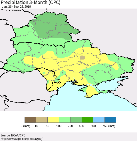 Ukraine, Moldova and Belarus Precipitation 3-Month (CPC) Thematic Map For 6/26/2019 - 9/25/2019