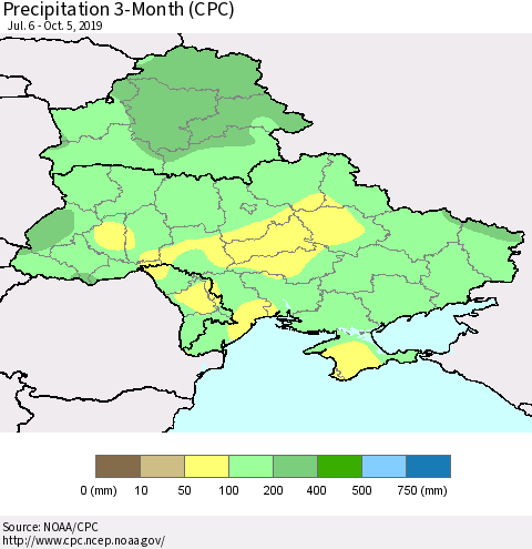 Ukraine, Moldova and Belarus Precipitation 3-Month (CPC) Thematic Map For 7/6/2019 - 10/5/2019