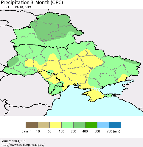 Ukraine, Moldova and Belarus Precipitation 3-Month (CPC) Thematic Map For 7/11/2019 - 10/10/2019