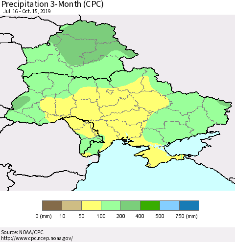Ukraine, Moldova and Belarus Precipitation 3-Month (CPC) Thematic Map For 7/16/2019 - 10/15/2019