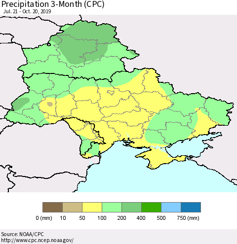 Ukraine, Moldova and Belarus Precipitation 3-Month (CPC) Thematic Map For 7/21/2019 - 10/20/2019