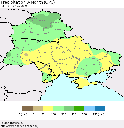 Ukraine, Moldova and Belarus Precipitation 3-Month (CPC) Thematic Map For 7/26/2019 - 10/25/2019