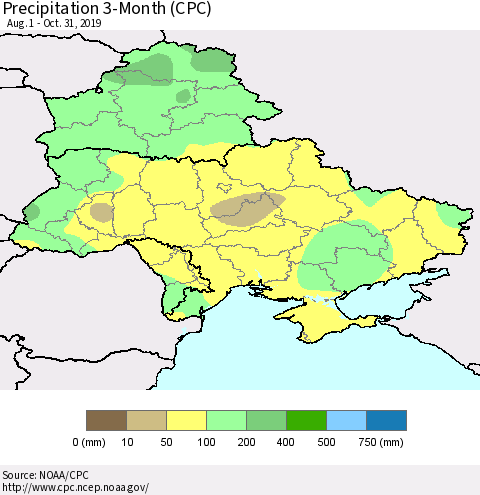 Ukraine, Moldova and Belarus Precipitation 3-Month (CPC) Thematic Map For 8/1/2019 - 10/31/2019
