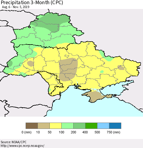 Ukraine, Moldova and Belarus Precipitation 3-Month (CPC) Thematic Map For 8/6/2019 - 11/5/2019