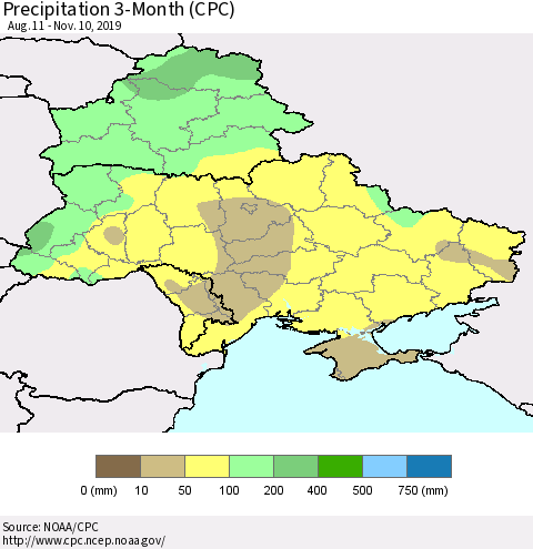 Ukraine, Moldova and Belarus Precipitation 3-Month (CPC) Thematic Map For 8/11/2019 - 11/10/2019