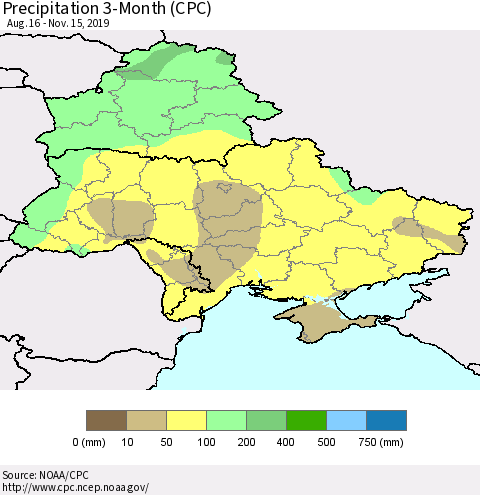 Ukraine, Moldova and Belarus Precipitation 3-Month (CPC) Thematic Map For 8/16/2019 - 11/15/2019
