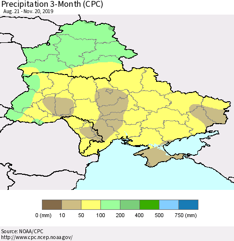 Ukraine, Moldova and Belarus Precipitation 3-Month (CPC) Thematic Map For 8/21/2019 - 11/20/2019