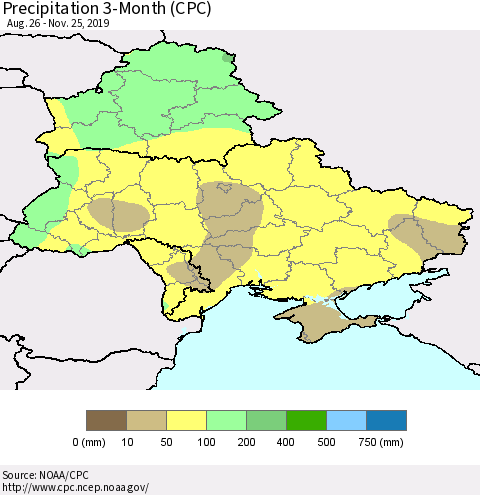 Ukraine, Moldova and Belarus Precipitation 3-Month (CPC) Thematic Map For 8/26/2019 - 11/25/2019