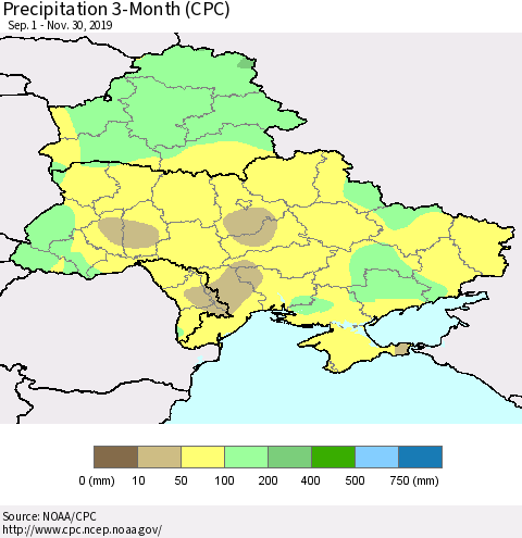 Ukraine, Moldova and Belarus Precipitation 3-Month (CPC) Thematic Map For 9/1/2019 - 11/30/2019