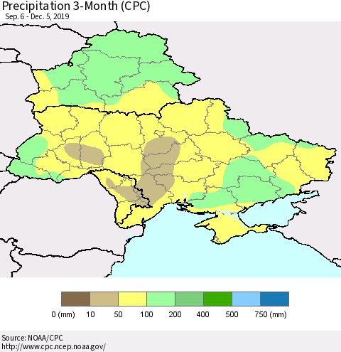 Ukraine, Moldova and Belarus Precipitation 3-Month (CPC) Thematic Map For 9/6/2019 - 12/5/2019