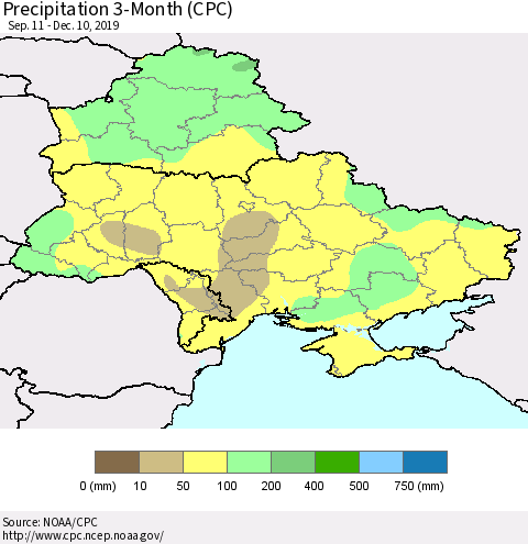 Ukraine, Moldova and Belarus Precipitation 3-Month (CPC) Thematic Map For 9/11/2019 - 12/10/2019