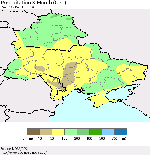 Ukraine, Moldova and Belarus Precipitation 3-Month (CPC) Thematic Map For 9/16/2019 - 12/15/2019