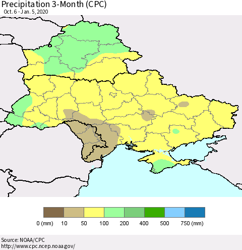 Ukraine, Moldova and Belarus Precipitation 3-Month (CPC) Thematic Map For 10/6/2019 - 1/5/2020