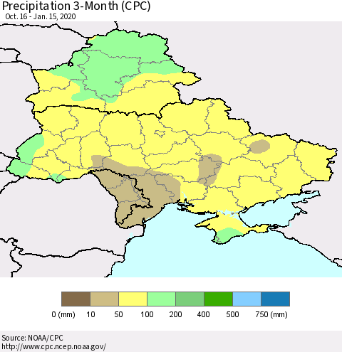 Ukraine, Moldova and Belarus Precipitation 3-Month (CPC) Thematic Map For 10/16/2019 - 1/15/2020