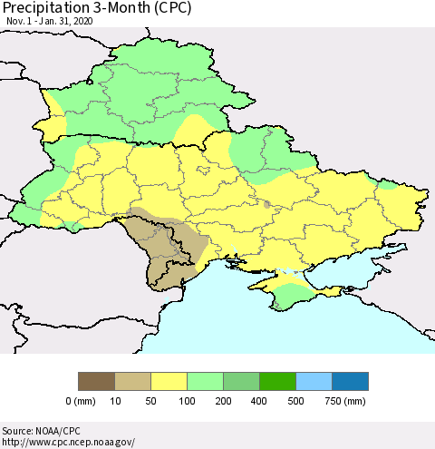 Ukraine, Moldova and Belarus Precipitation 3-Month (CPC) Thematic Map For 11/1/2019 - 1/31/2020
