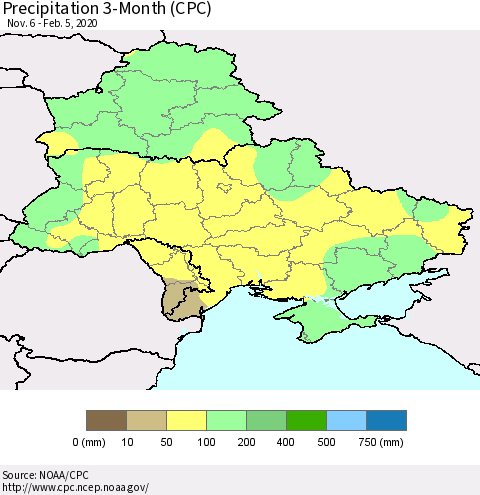 Ukraine, Moldova and Belarus Precipitation 3-Month (CPC) Thematic Map For 11/6/2019 - 2/5/2020