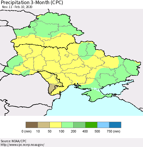 Ukraine, Moldova and Belarus Precipitation 3-Month (CPC) Thematic Map For 11/11/2019 - 2/10/2020