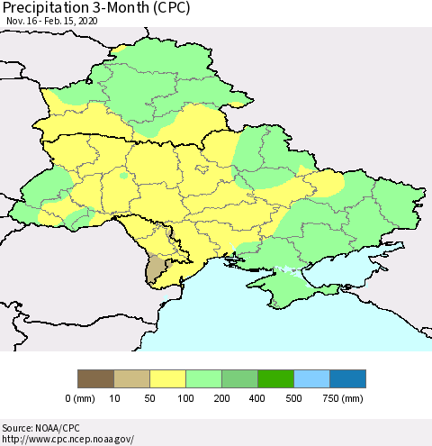 Ukraine, Moldova and Belarus Precipitation 3-Month (CPC) Thematic Map For 11/16/2019 - 2/15/2020