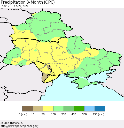 Ukraine, Moldova and Belarus Precipitation 3-Month (CPC) Thematic Map For 11/21/2019 - 2/20/2020