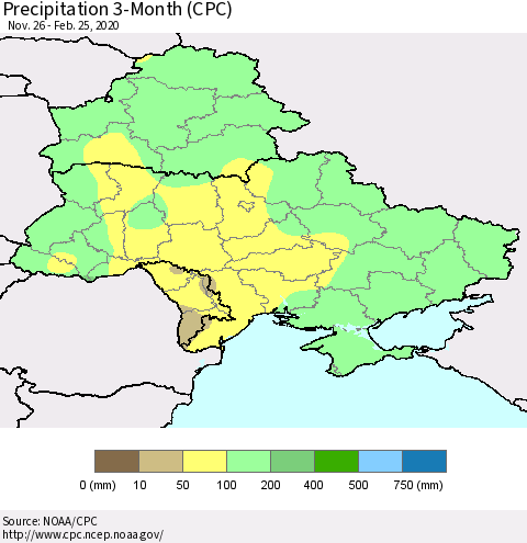 Ukraine, Moldova and Belarus Precipitation 3-Month (CPC) Thematic Map For 11/26/2019 - 2/25/2020