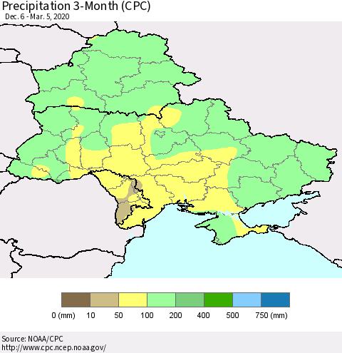 Ukraine, Moldova and Belarus Precipitation 3-Month (CPC) Thematic Map For 12/6/2019 - 3/5/2020