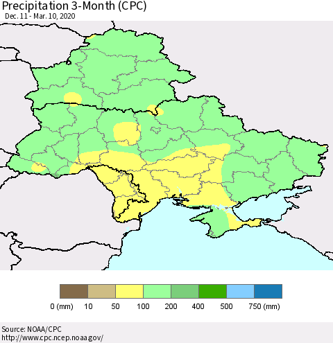 Ukraine, Moldova and Belarus Precipitation 3-Month (CPC) Thematic Map For 12/11/2019 - 3/10/2020