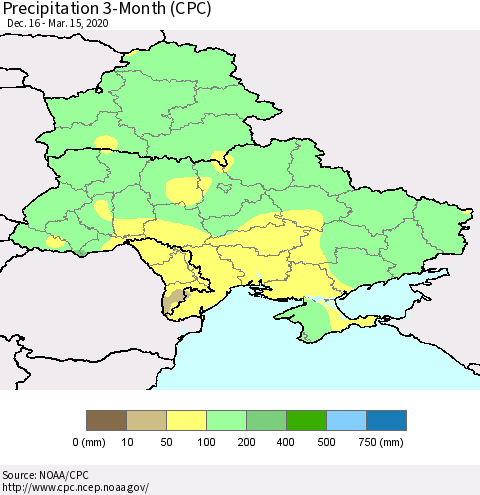 Ukraine, Moldova and Belarus Precipitation 3-Month (CPC) Thematic Map For 12/16/2019 - 3/15/2020