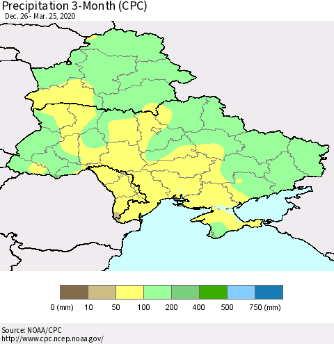 Ukraine, Moldova and Belarus Precipitation 3-Month (CPC) Thematic Map For 12/26/2019 - 3/25/2020