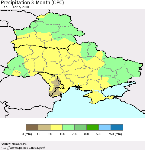 Ukraine, Moldova and Belarus Precipitation 3-Month (CPC) Thematic Map For 1/6/2020 - 4/5/2020