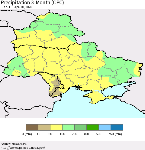 Ukraine, Moldova and Belarus Precipitation 3-Month (CPC) Thematic Map For 1/11/2020 - 4/10/2020