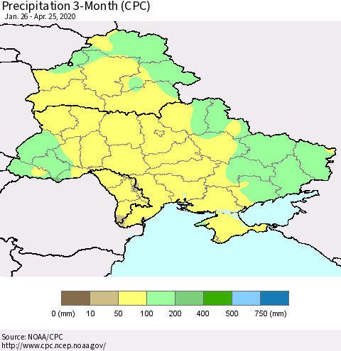 Ukraine, Moldova and Belarus Precipitation 3-Month (CPC) Thematic Map For 1/26/2020 - 4/25/2020