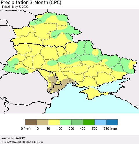 Ukraine, Moldova and Belarus Precipitation 3-Month (CPC) Thematic Map For 2/6/2020 - 5/5/2020