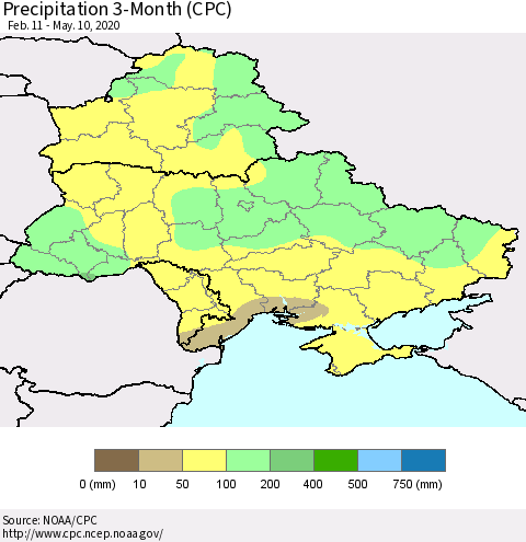 Ukraine, Moldova and Belarus Precipitation 3-Month (CPC) Thematic Map For 2/11/2020 - 5/10/2020