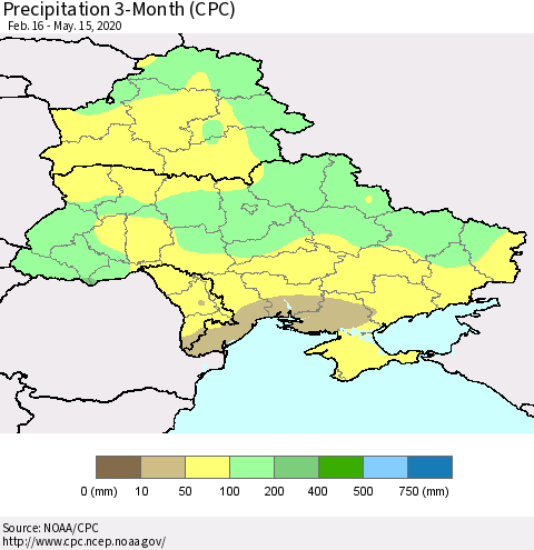 Ukraine, Moldova and Belarus Precipitation 3-Month (CPC) Thematic Map For 2/16/2020 - 5/15/2020
