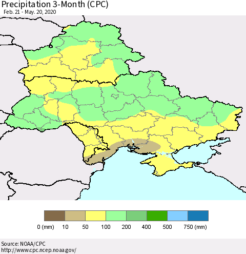 Ukraine, Moldova and Belarus Precipitation 3-Month (CPC) Thematic Map For 2/21/2020 - 5/20/2020