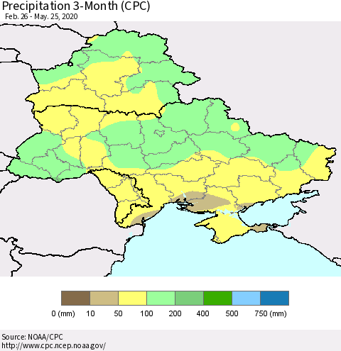 Ukraine, Moldova and Belarus Precipitation 3-Month (CPC) Thematic Map For 2/26/2020 - 5/25/2020
