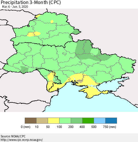 Ukraine, Moldova and Belarus Precipitation 3-Month (CPC) Thematic Map For 3/6/2020 - 6/5/2020