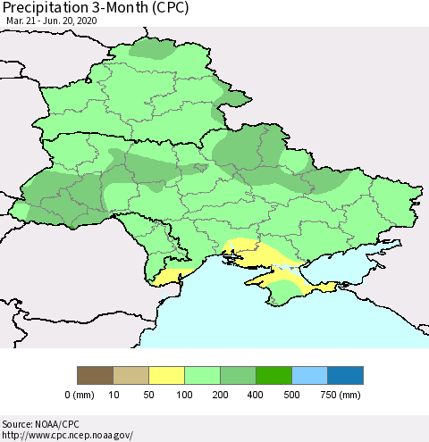 Ukraine, Moldova and Belarus Precipitation 3-Month (CPC) Thematic Map For 3/21/2020 - 6/20/2020