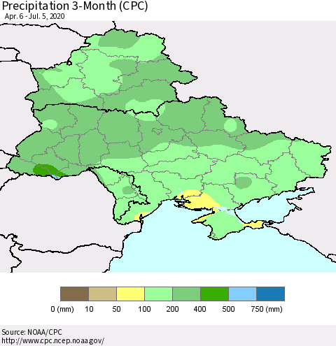 Ukraine, Moldova and Belarus Precipitation 3-Month (CPC) Thematic Map For 4/6/2020 - 7/5/2020