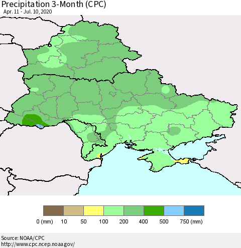 Ukraine, Moldova and Belarus Precipitation 3-Month (CPC) Thematic Map For 4/11/2020 - 7/10/2020