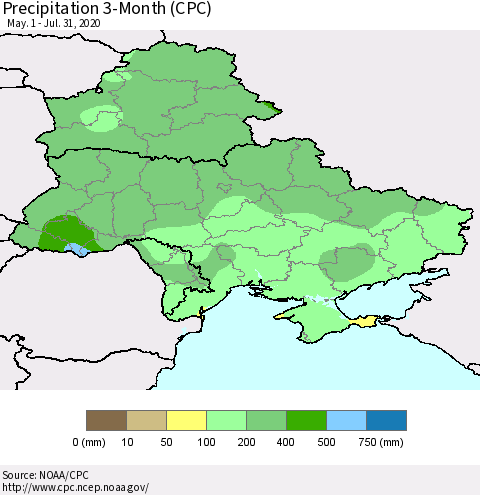Ukraine, Moldova and Belarus Precipitation 3-Month (CPC) Thematic Map For 5/1/2020 - 7/31/2020