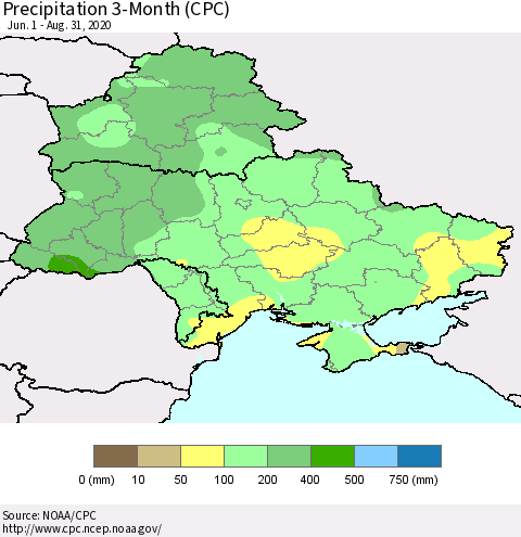 Ukraine, Moldova and Belarus Precipitation 3-Month (CPC) Thematic Map For 6/1/2020 - 8/31/2020