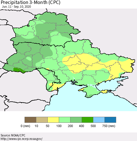 Ukraine, Moldova and Belarus Precipitation 3-Month (CPC) Thematic Map For 6/11/2020 - 9/10/2020