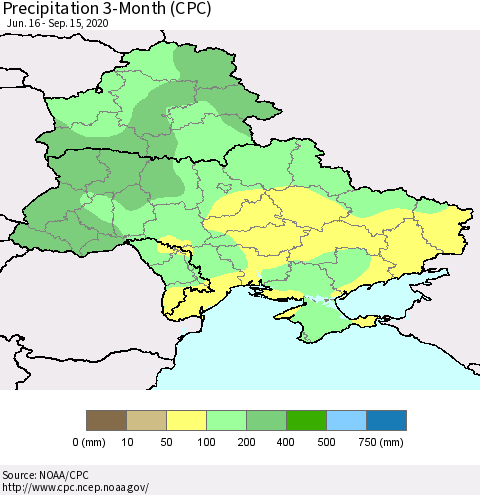 Ukraine, Moldova and Belarus Precipitation 3-Month (CPC) Thematic Map For 6/16/2020 - 9/15/2020